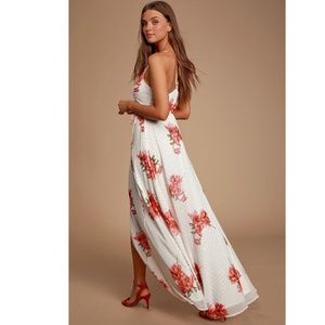 Lulu's Loiselle White / Red Floral Print Polka Dot Wrap Maxi Dress Size S *NWT*